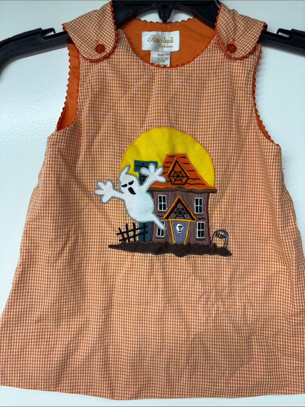 Rusolina Orange Gingham Halloween Ghost Applique Dress for Kids